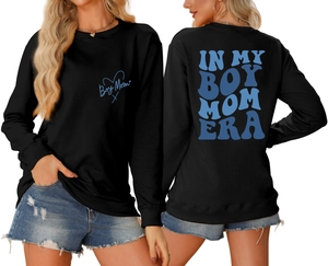 Front and back detail of black sweatshirt featuring blue In My Boy Mom Era prints