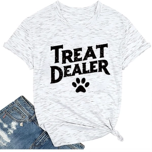 Detail of white cotton blend T-shirt with Treat Dealer print and stylish front knot