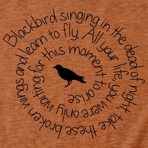 Macro shot of blackbird silhouette and lyrics printed on rust red cotton t-shirt