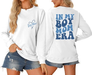 Detailed front and back view of white cotton sweatshirt with blue Boy Mom era lettering
