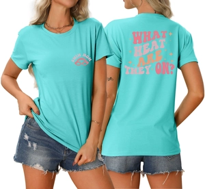 Front and back view of teal cotton T-shirt with pink SWIM MOM and sports graphics