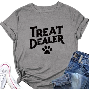 Flat lay of gray crewneck T-shirt with TREAT DEALER print and knotted hem detail