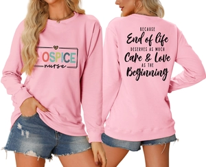 Pink hospice nurse sweatshirt featuring leopard heart and back script detail