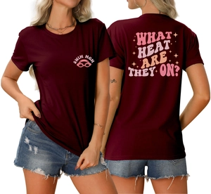 Detailed front and back views of burgundy cotton T-shirt with SWIM MOM and heat slogan