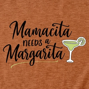 Détail de l'imprimé Mamacita Needs a Margarita sur un tissu de T-shirt en coton orange