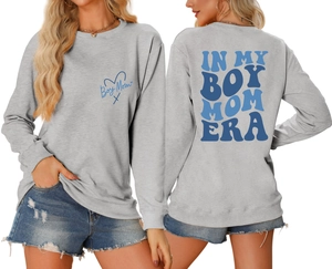 Detailed front and back view of gray sweatshirt featuring blue Boy Mom Era prints