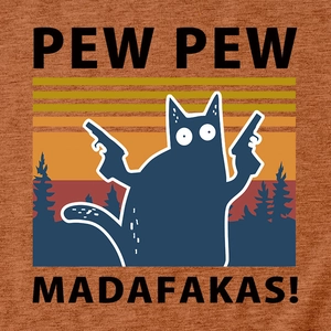 T-shirt marron avec silhouette de chat bleu et imprimé coucher de soleil vintage