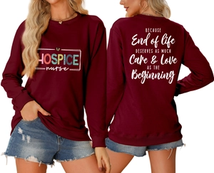 Detailed front and back view of burgundy long sleeve hospice nurse crewneck sweatshirt