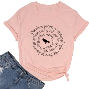 Pink short sleeve T-shirt with bird print and stylish knotted hem on a white background