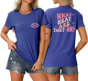 Front and back detail of navy t-shirt with Swim Mom and What Heat Are They On print
