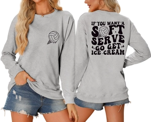 Dettaglio felpa grigia con stampa grafica 'IF YOU WANT A SOFT SERVE' sul retro