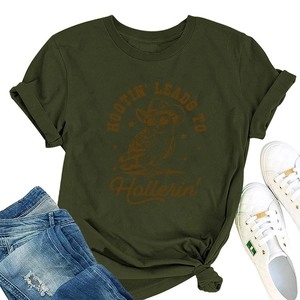 Detail of olive green t-shirt with owl print, rolled sleeves and stylish front knot