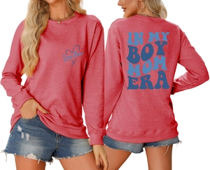 Front and back detail of red Boy Mom sweatshirt with blue artistic typography and heart print
