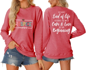 Front and back views of a coral pink hospice nurse sweatshirt with leopard heart graphic