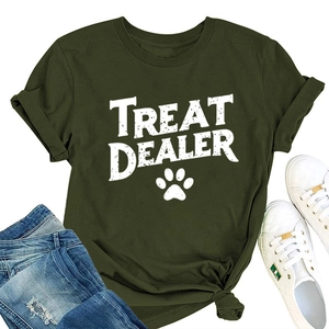 Flat lay of casual dark green t-shirt with Treat Dealer print and paw motif