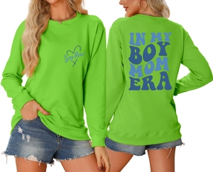Detailed front and back view of neon green crewneck sweatshirt with Boy Mom Era print
