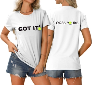 Vorder- und Rückansicht des weißen Baumwoll-T-Shirts mit Tennis-Smiley und Textprint
