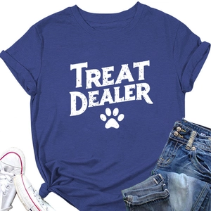 Close-up of navy blue crew neck t-shirt featuring Treat Dealer print with a cute paw icon