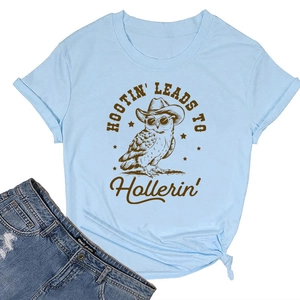Detail of light blue cotton T-shirt featuring a vintage owl graphic and retro typography