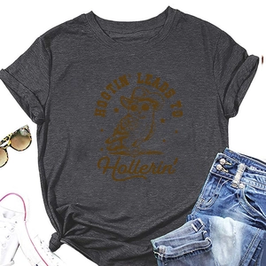 Detailed flat lay of charcoal grey owl graphic t-shirt with summer fashion accessories