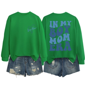 Front and back view of green Boy Mom Era sweatshirt with blue artistic typography