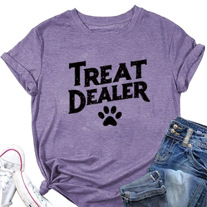 Close-up of purple crew neck T-shirt with Treat Dealer text and paw print design