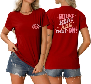 Front and back view of red Swim Mom T-shirt with What Heat Are They On graphic print