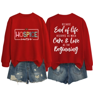 Detailed front and back view of red hospice nurse sweatshirt with graphic print