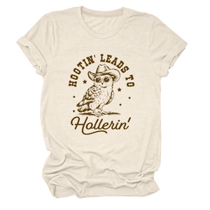 Detail of vintage owl graphic print on a relaxed fit crewneck cotton T-shirt in oat white