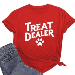 Detail view of red crew neck t-shirt with Treat Dealer print and side knot design