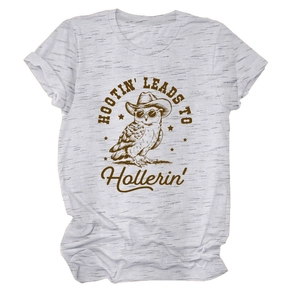 Detail of grey cotton blend t-shirt featuring a retro owl print and vintage lettering