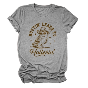 Detail view of heather gray t-shirt with vintage owl graphic and retro screen print