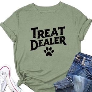 Detail of sage green T-shirt featuring Treat Dealer text and cuffed short sleeves