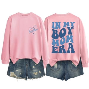 Front and back view of pink Boy Mom Era sweatshirt with vintage letter print