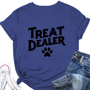 Detailed flat lay of casual navy round neck t-shirt with Treat Dealer slogan and jeans
