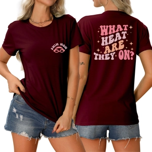 Maroon round neck T-shirt with 'WHAT HEAT ARE THEY ON?' back print and swim mom logo