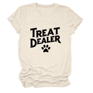 Detail of off-white cotton T-shirt featuring Treat Dealer text and black paw print graphic