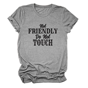 Close-up of Not FRIENDLY Do Not TOUCH text on gray cotton crewneck T-shirt fabric