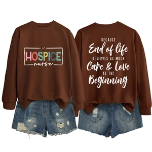 Front and back view of coffee brown hospice nurse sweatshirt with distressed denim shorts