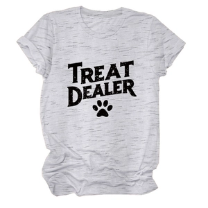 Detail of heather grey t-shirt with treat dealer text and dog paw print graphic