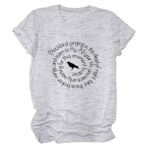 Detail of grey crewneck T-shirt showing bird silhouette and circular typography print