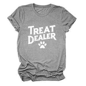 Detail of grey short sleeve t-shirt with Treat Dealer text and white paw print design