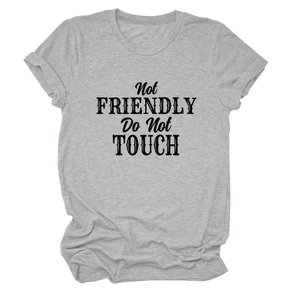 Detailed view of Not Friendly Do Not Touch printed text on grey cotton crewneck t-shirt