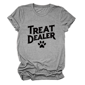 Detail of grey crewneck cotton t-shirt featuring Treat Dealer text and paw print
