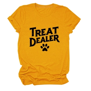 Detail of mustard yellow crew neck t-shirt with black TREAT DEALER text and paw print