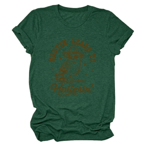 Detail of dark green t-shirt showing cotton blend texture and retro owl graphic print