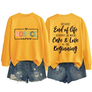 Women's yellow hospice nurse sweatshirt with denim shorts set front and back view