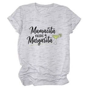 Détail du t-shirt gris chiné Mamacita Needs A Margarita avec revers aux manches courtes