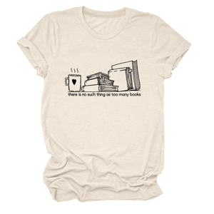 Détail d'un t-shirt beige en coton avec l'imprimé 'no such thing as too many books'