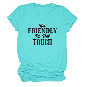 Detail of teal crew neck T-shirt featuring bold black Not Friendly Do Not Touch print